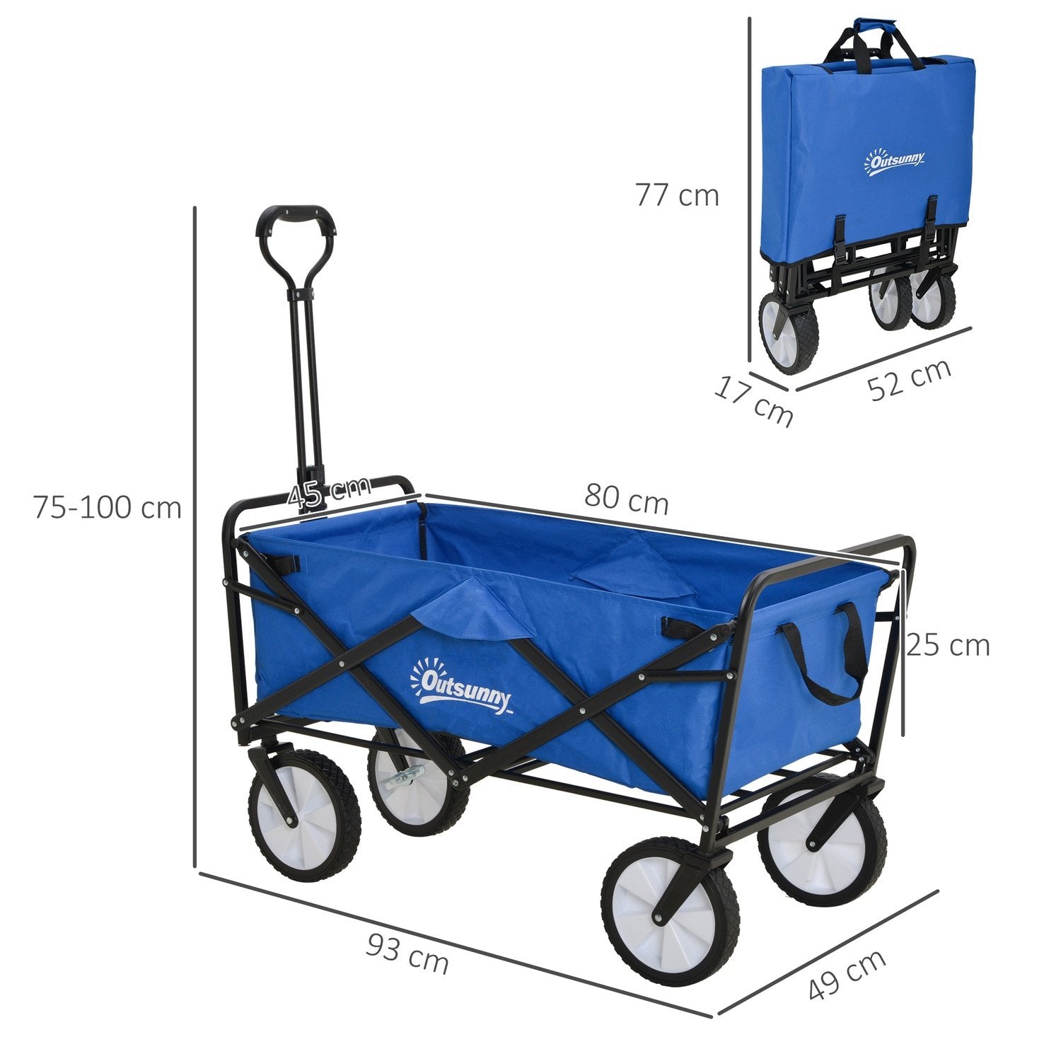 Handkärra, Hopfällbar Handkärra, 360° Trädgårdsvagn, Transportvagn, Strandvagn, Stålram, Oxford, 93 X 49 X 75-100 Cm