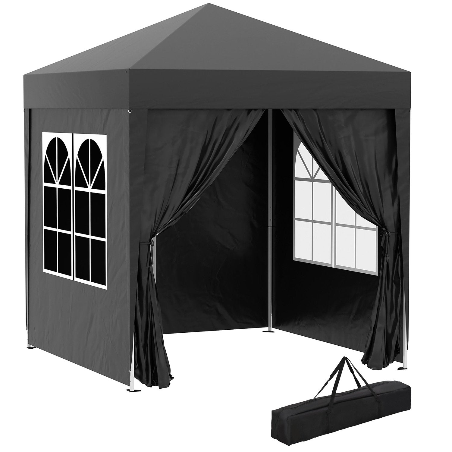 Folding Gazebo 2 X 2M Gazebo Med 4 Sidoväggar, Fönster, Markeringstält Med Uv-Skydd, Trädgårdstält Med Bärväska, Stål Oxford, Svart