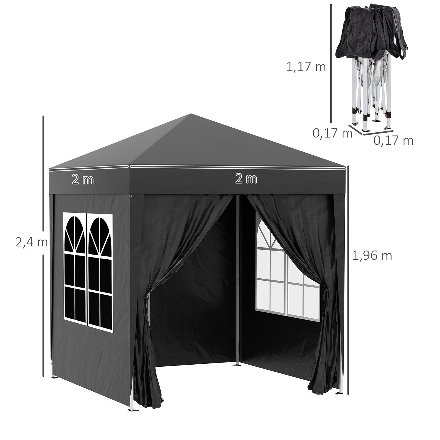 Folding Gazebo 2 X 2M Gazebo Med 4 Sidoväggar, Fönster, Markeringstält Med Uv-Skydd, Trädgårdstält Med Bärväska, Stål Oxford, Svart