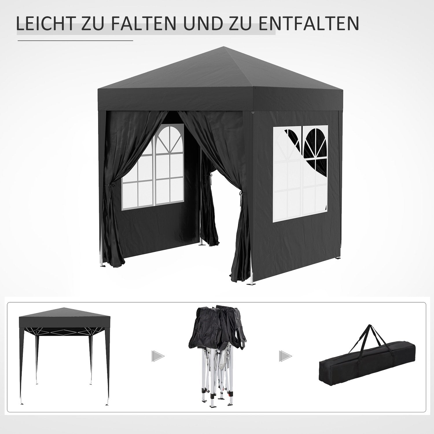 Folding Gazebo 2 X 2M Gazebo Med 4 Sidoväggar, Fönster, Markeringstält Med Uv-Skydd, Trädgårdstält Med Bärväska, Stål Oxford, Svart