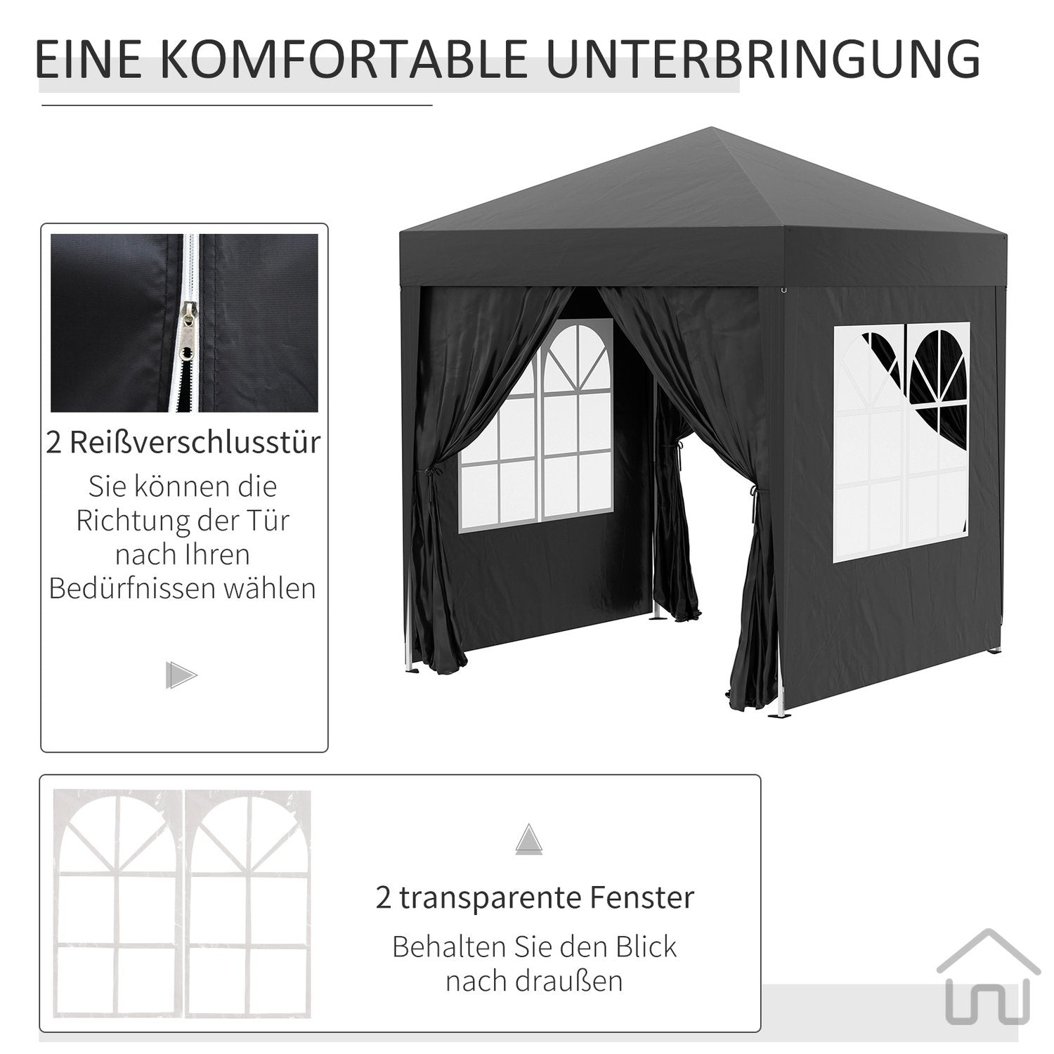 Folding Gazebo 2 X 2M Gazebo Med 4 Sidoväggar, Fönster, Markeringstält Med Uv-Skydd, Trädgårdstält Med Bärväska, Stål Oxford, Svart