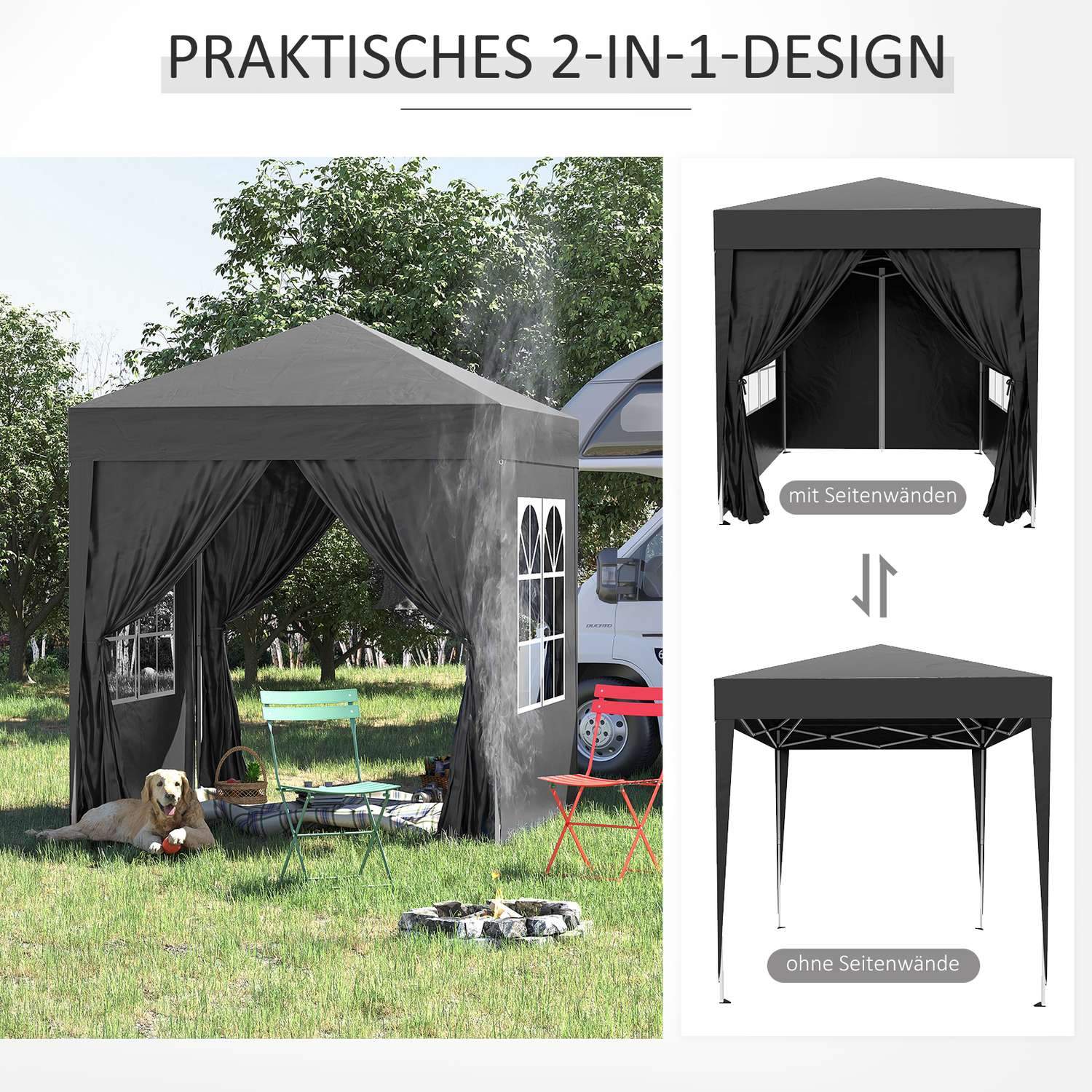 Folding Gazebo 2 X 2M Gazebo Med 4 Sidoväggar, Fönster, Markeringstält Med Uv-Skydd, Trädgårdstält Med Bärväska, Stål Oxford, Svart