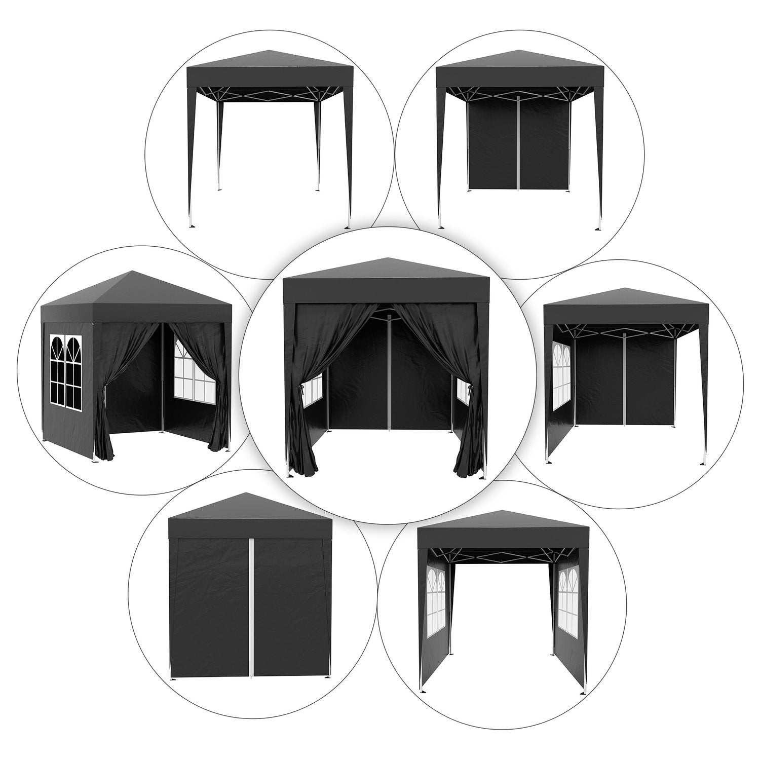 Folding Gazebo 2 X 2M Gazebo Med 4 Sidoväggar, Fönster, Markeringstält Med Uv-Skydd, Trädgårdstält Med Bärväska, Stål Oxford, Svart