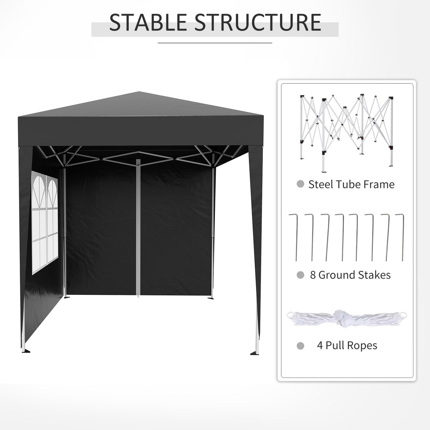 Folding Gazebo 2 X 2M Gazebo Med 4 Sidoväggar, Fönster, Markeringstält Med Uv-Skydd, Trädgårdstält Med Bärväska, Stål Oxford, Svart