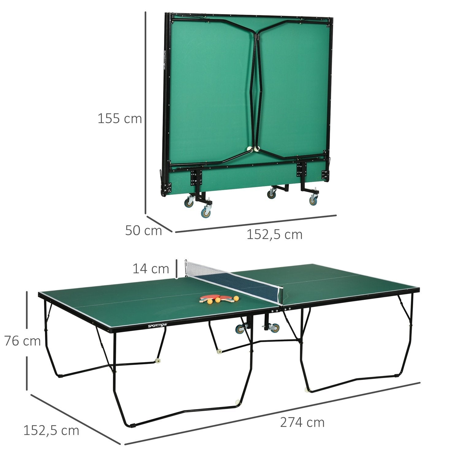 Bordtennisbord Inomhus Med Hjul Bordtennisbord Vikbart Bordtennisspelset Med 2 Bordtennisfladdermöss Och 3 Bollar, Stål, Grönt