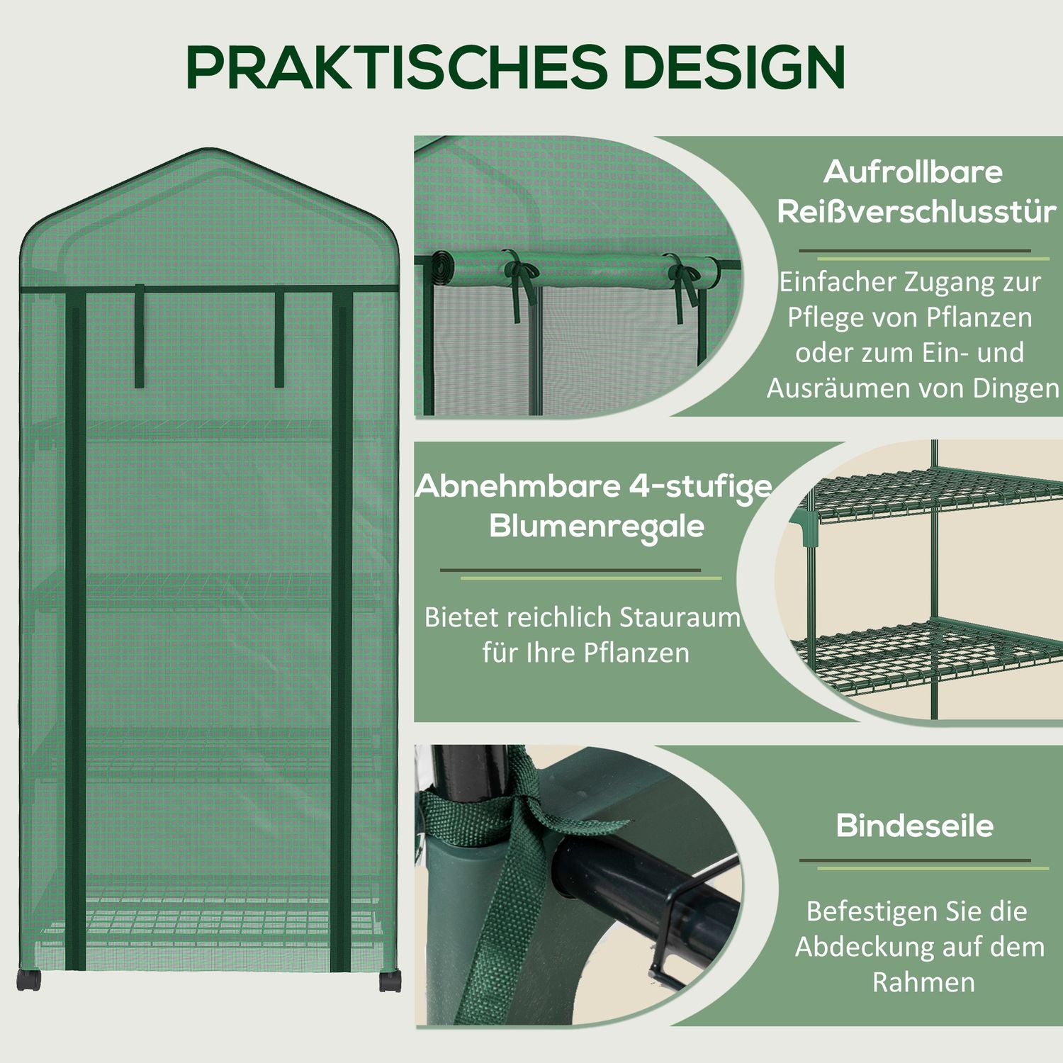 Folieväxthus med rulle och 4 hyllor, stålram, 69x50x165 cm
