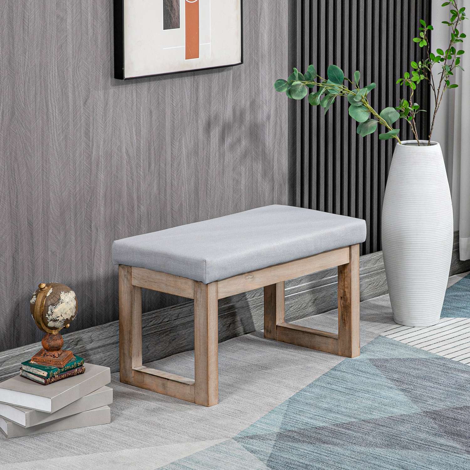 Grå fotpall i linnelook med träben – 68x38x42 cm