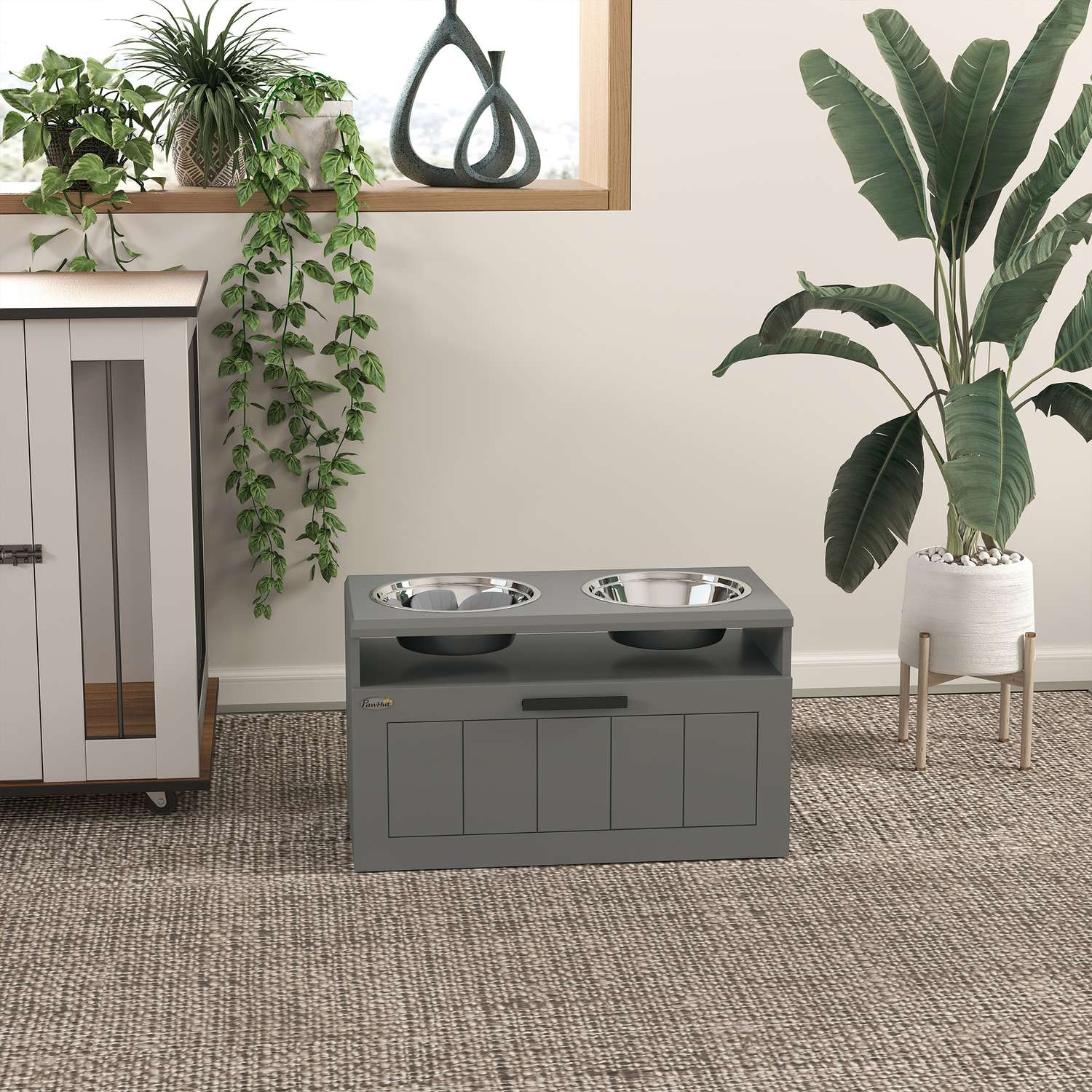 Förhöjd hundmatningsstation med förvaring, grå