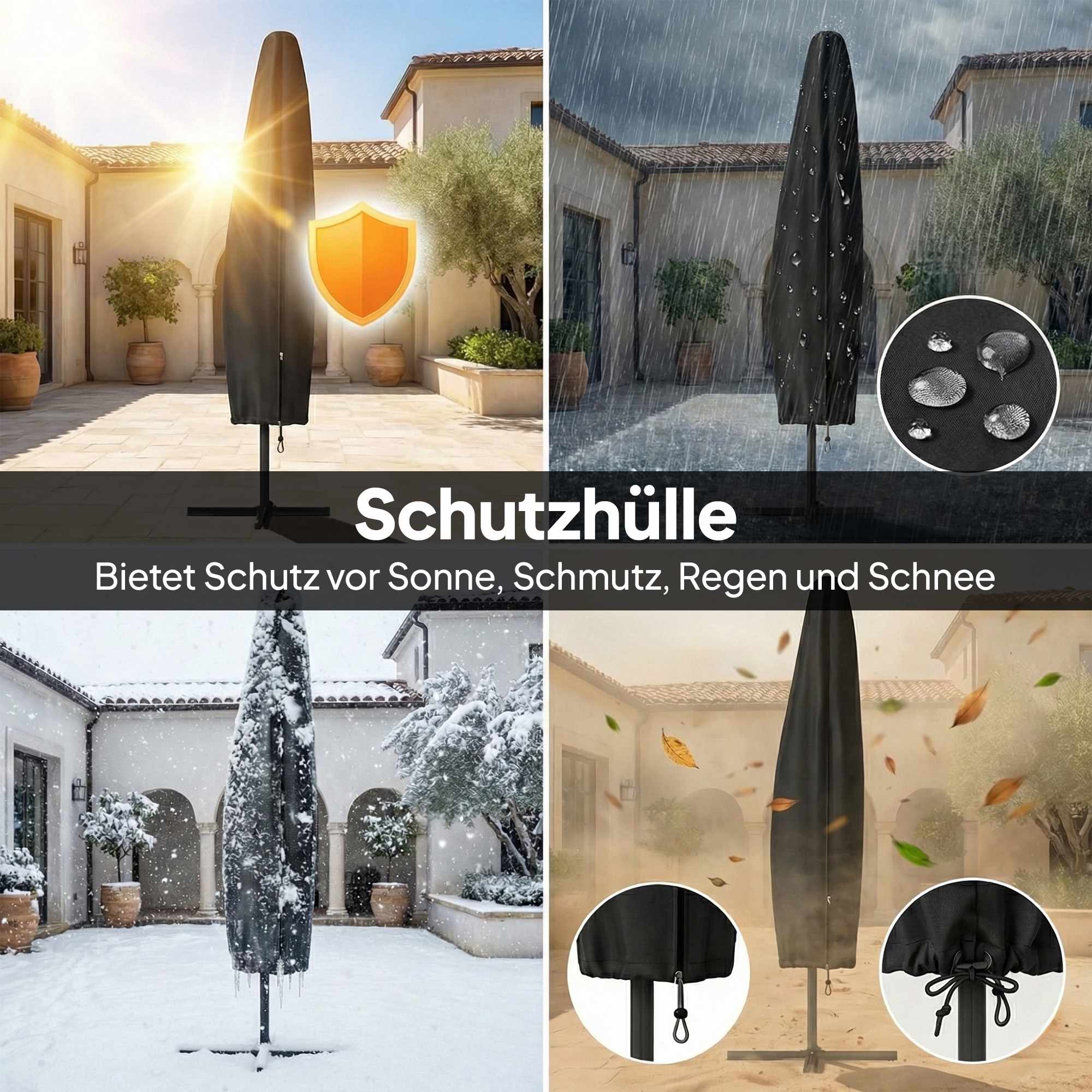 Fribärande parasoll, 3x3m, solcellsdriven LED, UV-resistent