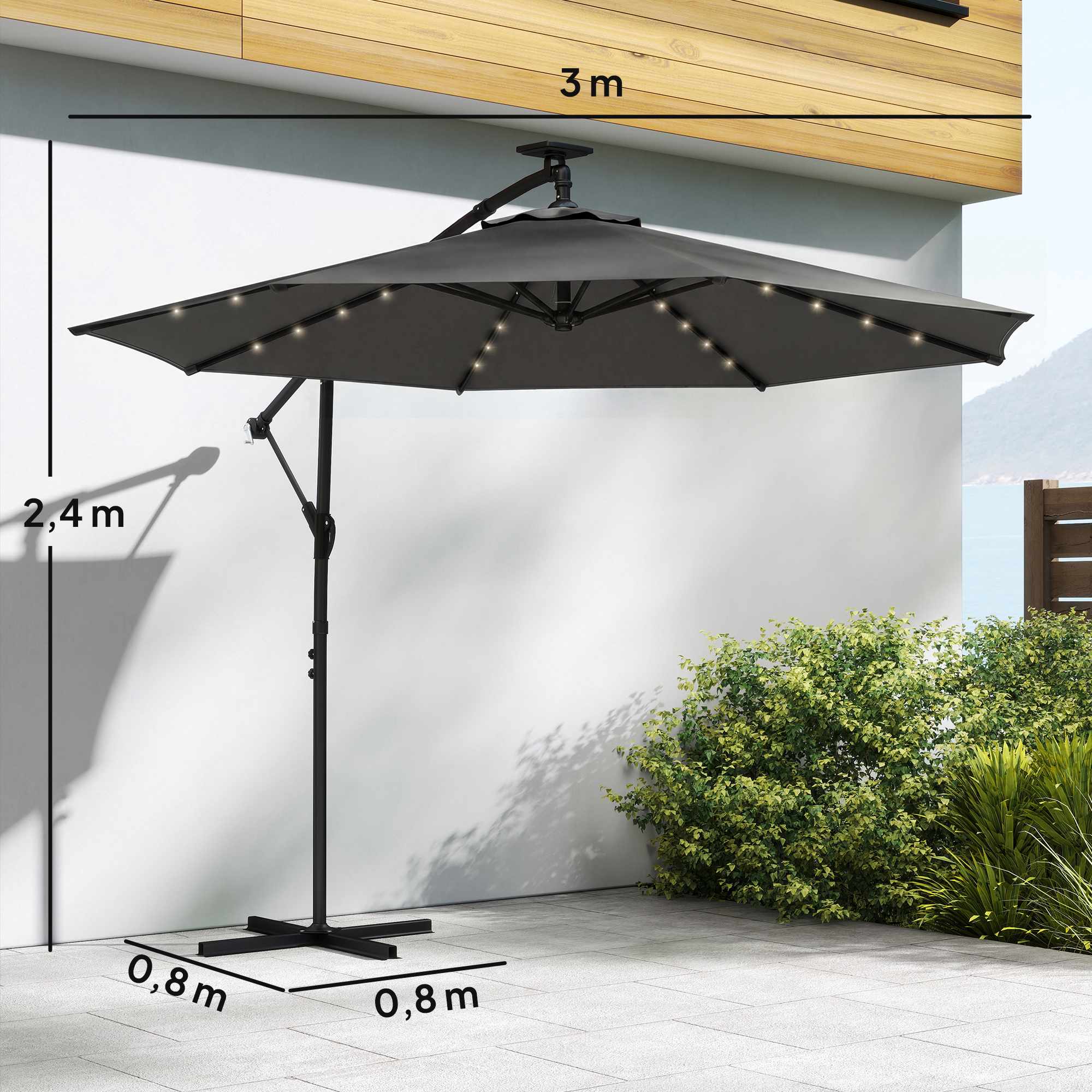Fribärande parasoll, 3x3m, solcellsdriven LED, UV-resistent