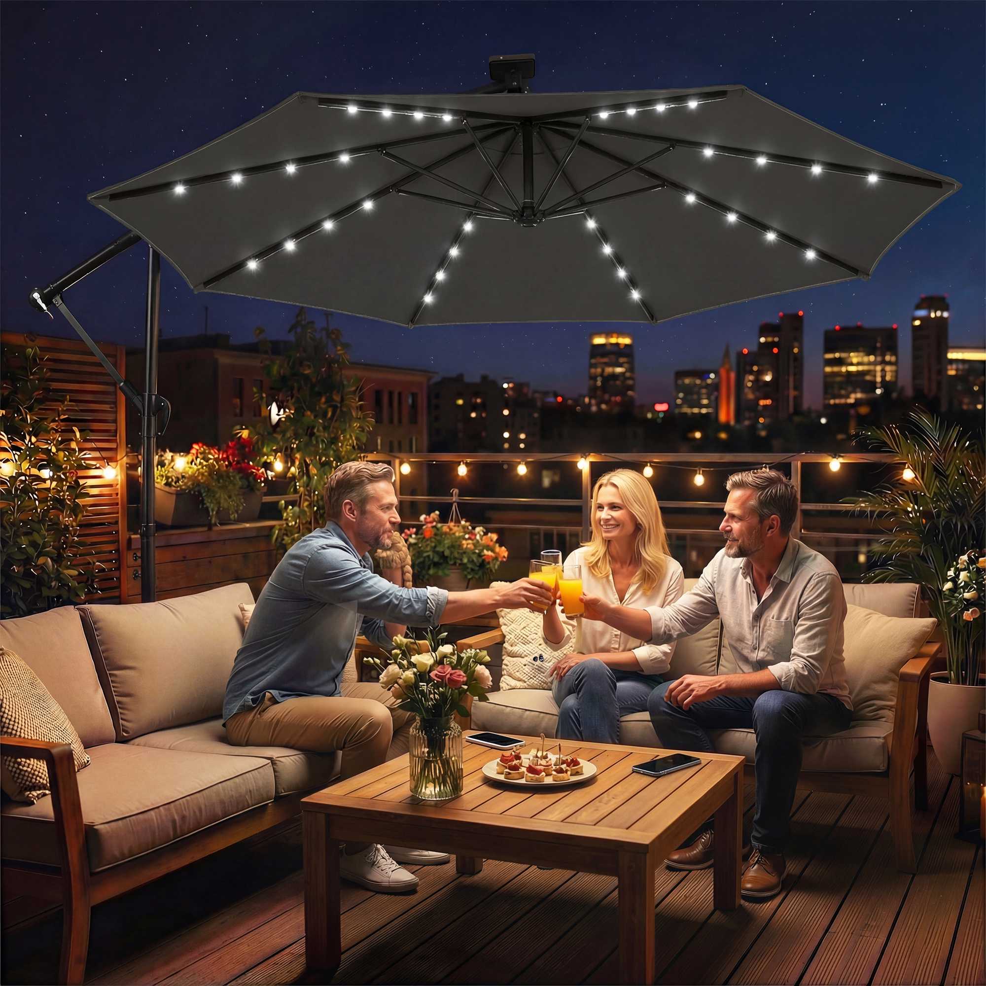 Fribärande parasoll, 3x3m, solcellsdriven LED, UV-resistent