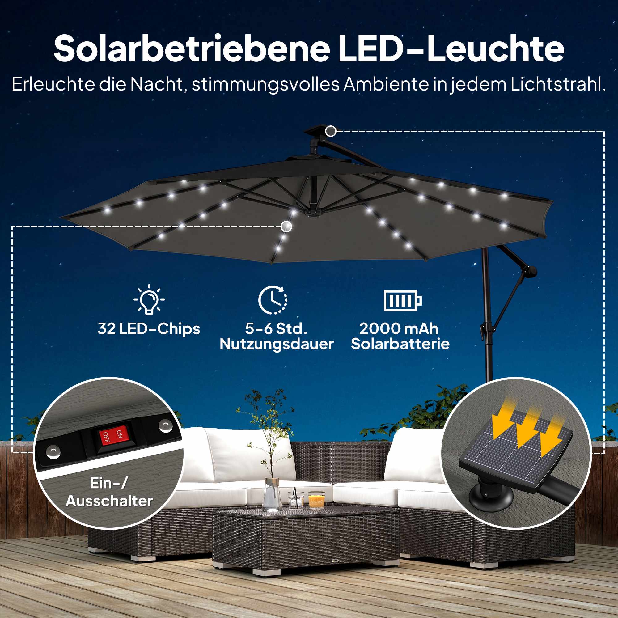 Fribärande parasoll, 3x3m, solcellsdriven LED, UV-resistent