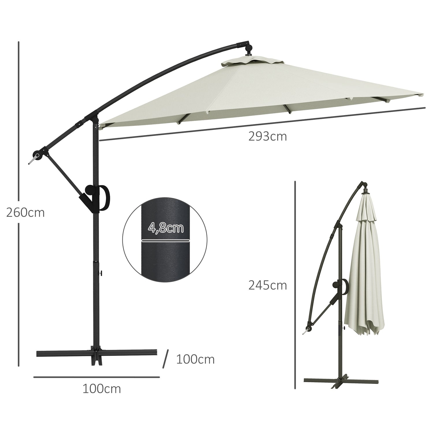 Fribärande uteplatsparaply, 293 Cm, krämfärgad, med korsfot och lutning