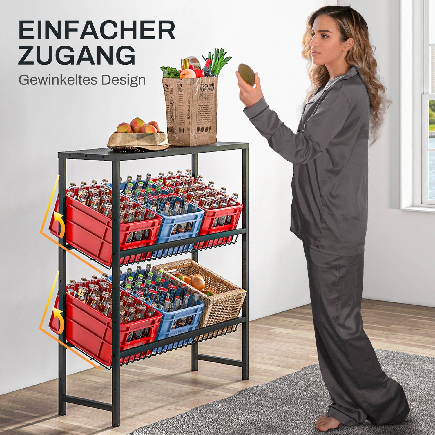 Fristående 3-våningsställ för dryckeslåda, justerbara hyllor