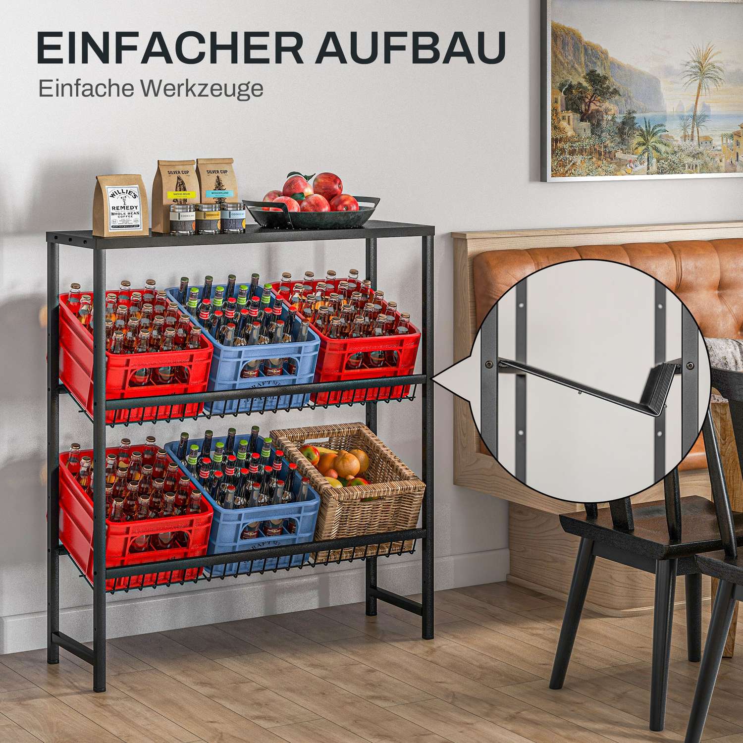 Fristående 3-våningsställ för dryckeslåda, justerbara hyllor