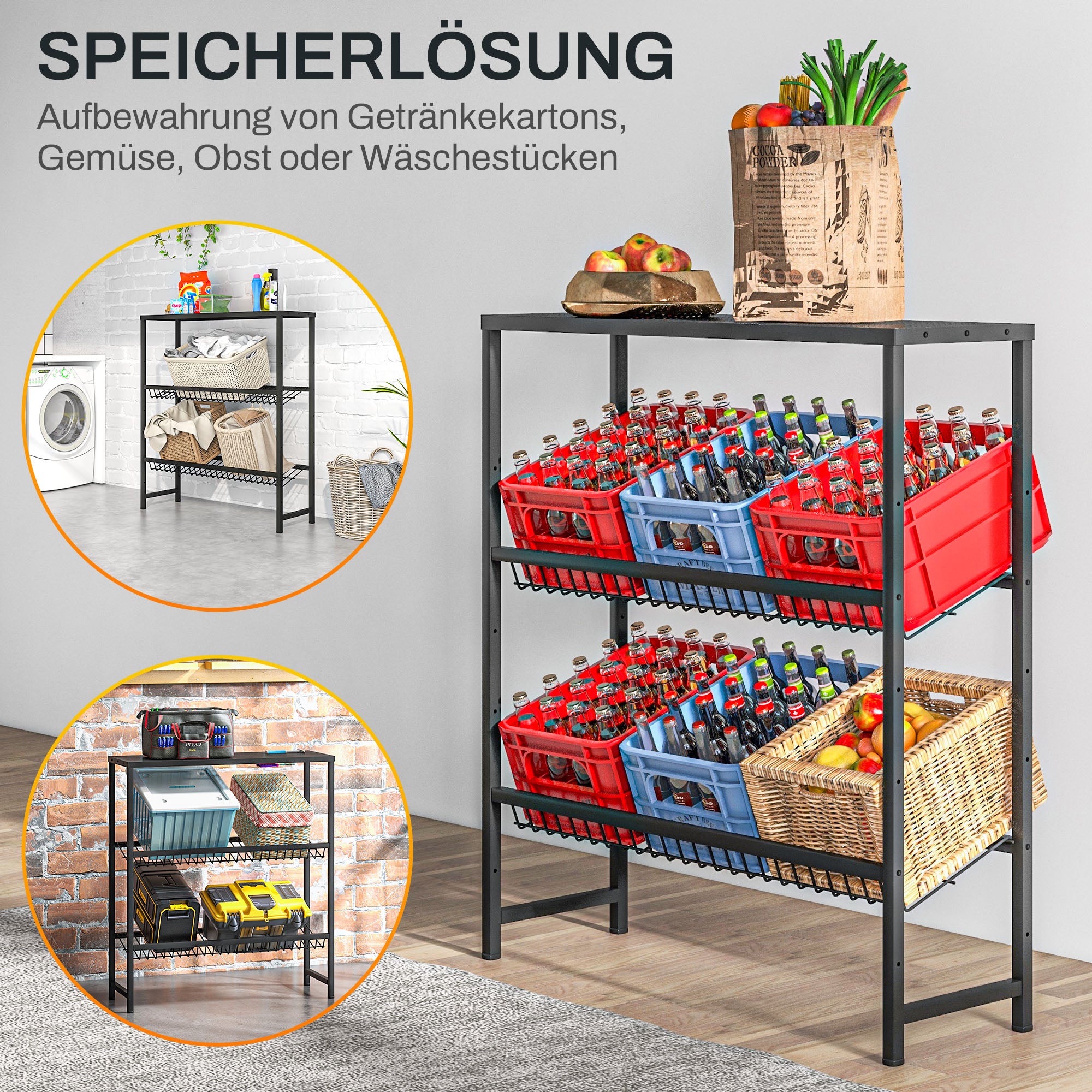 Fristående 3-våningsställ för dryckeslåda, justerbara hyllor