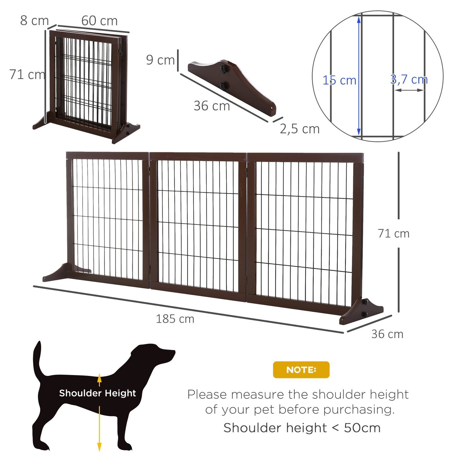 Fristående Pine Dog Gate Barrier, Brun, 185x36x71 cm