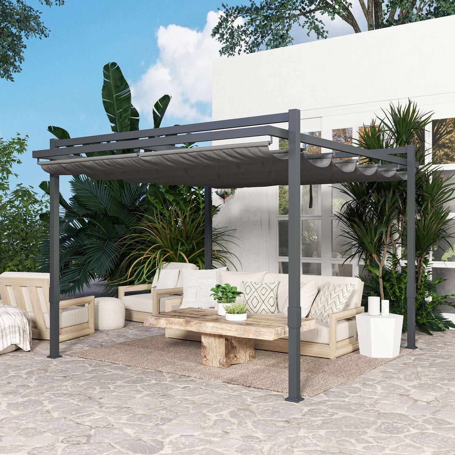 Fristående aluminiumpergola 3,5x3m – Justerbart tak, vintertät