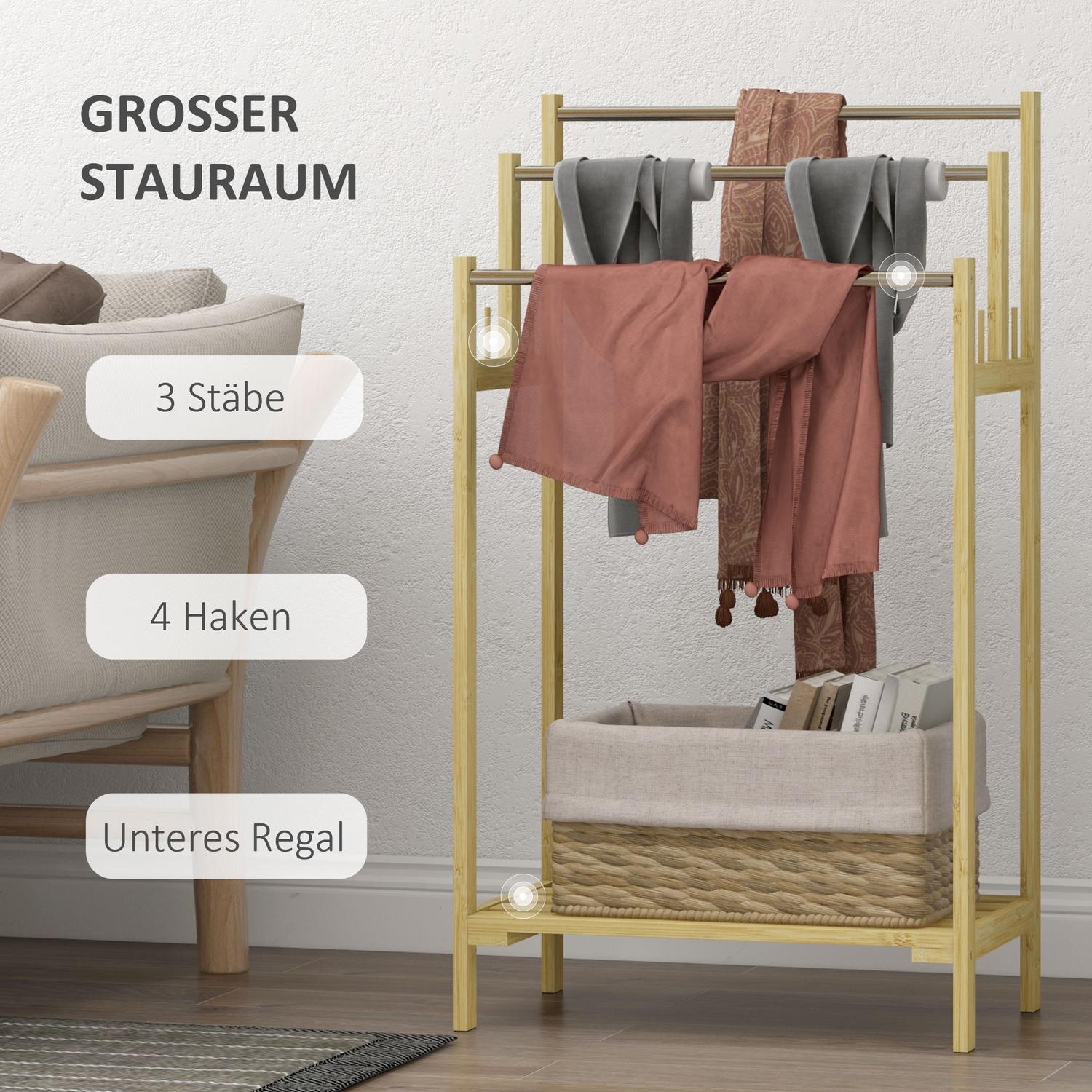 Fristående handduksställ i bambu med 3 skenor, 4 krokar