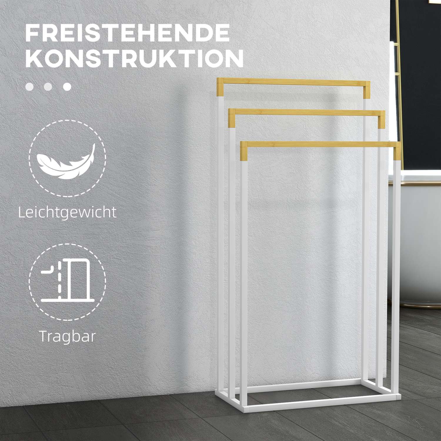 Fristående handduksställ i stål i bambu - 3 skenor, vit