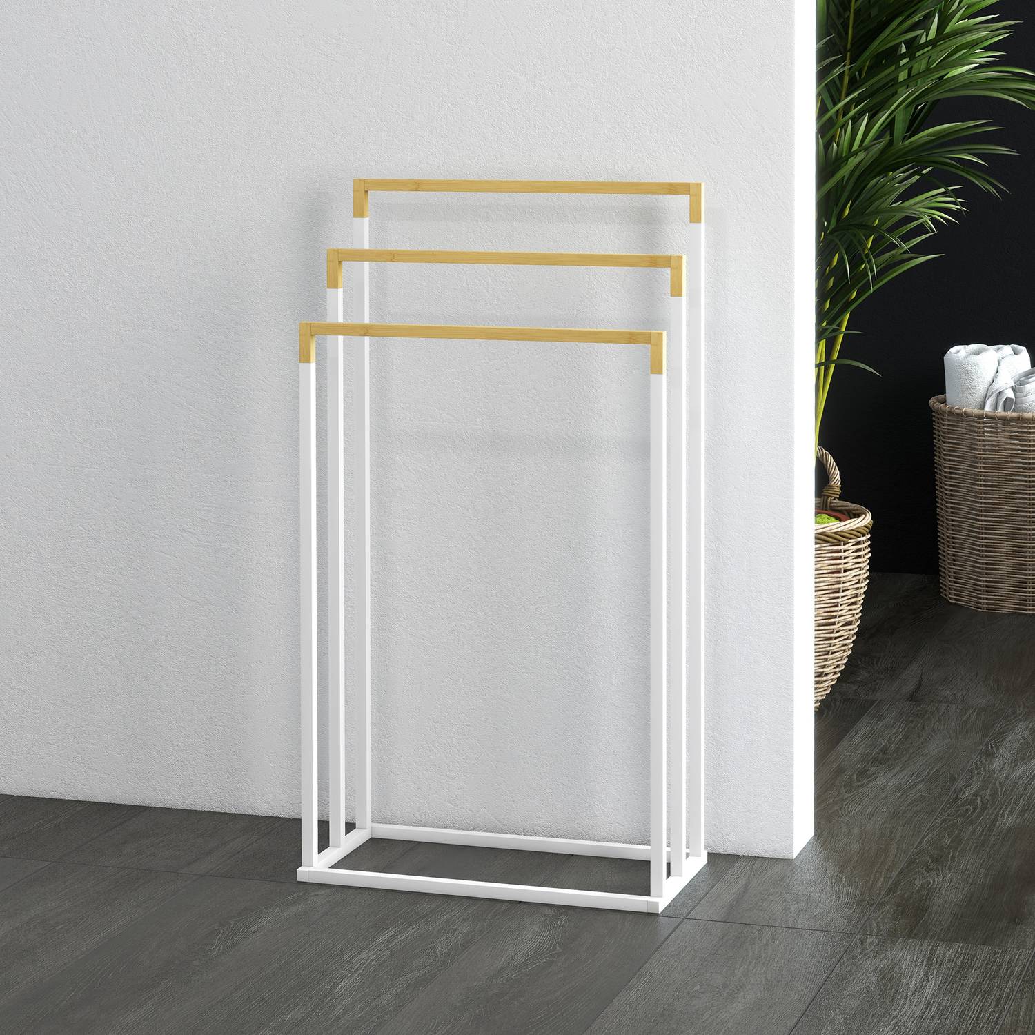 Fristående handduksställ i stål i bambu - 3 skenor, vit