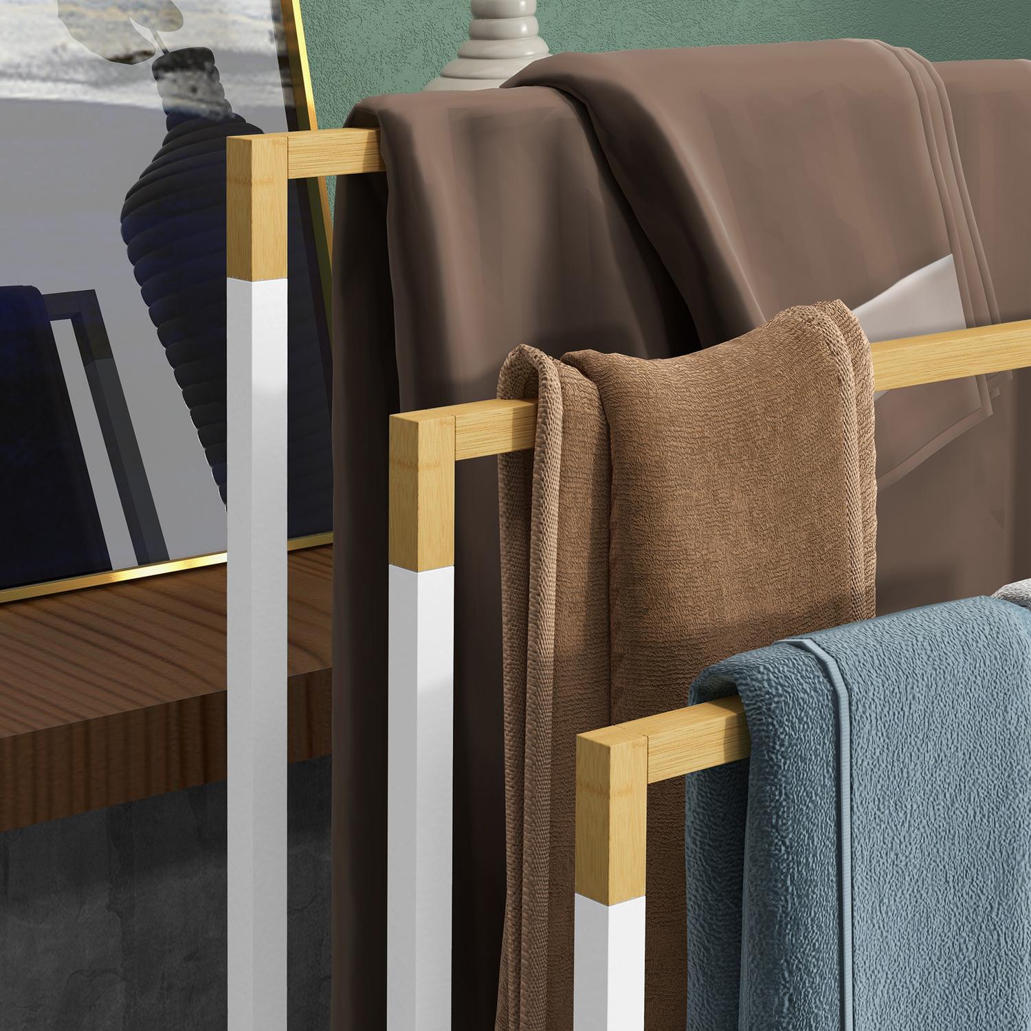 Fristående handduksställ i stål i bambu - 3 skenor, vit