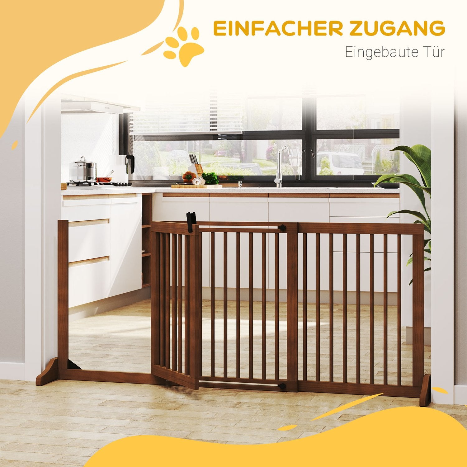 Fristående hundport i trä med dörr, brun, justerbar
