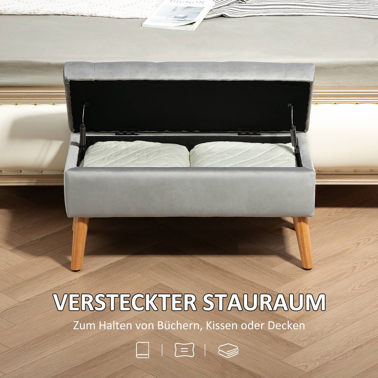 Förvaringsbänk med lock, Grey Velvet Look, 102 x 35 x 43 cm