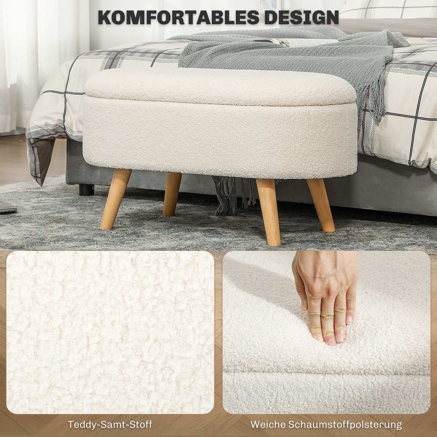 Förvaringsbänk med lock, Klädd Teddy Sammet, 82x41x45 cm