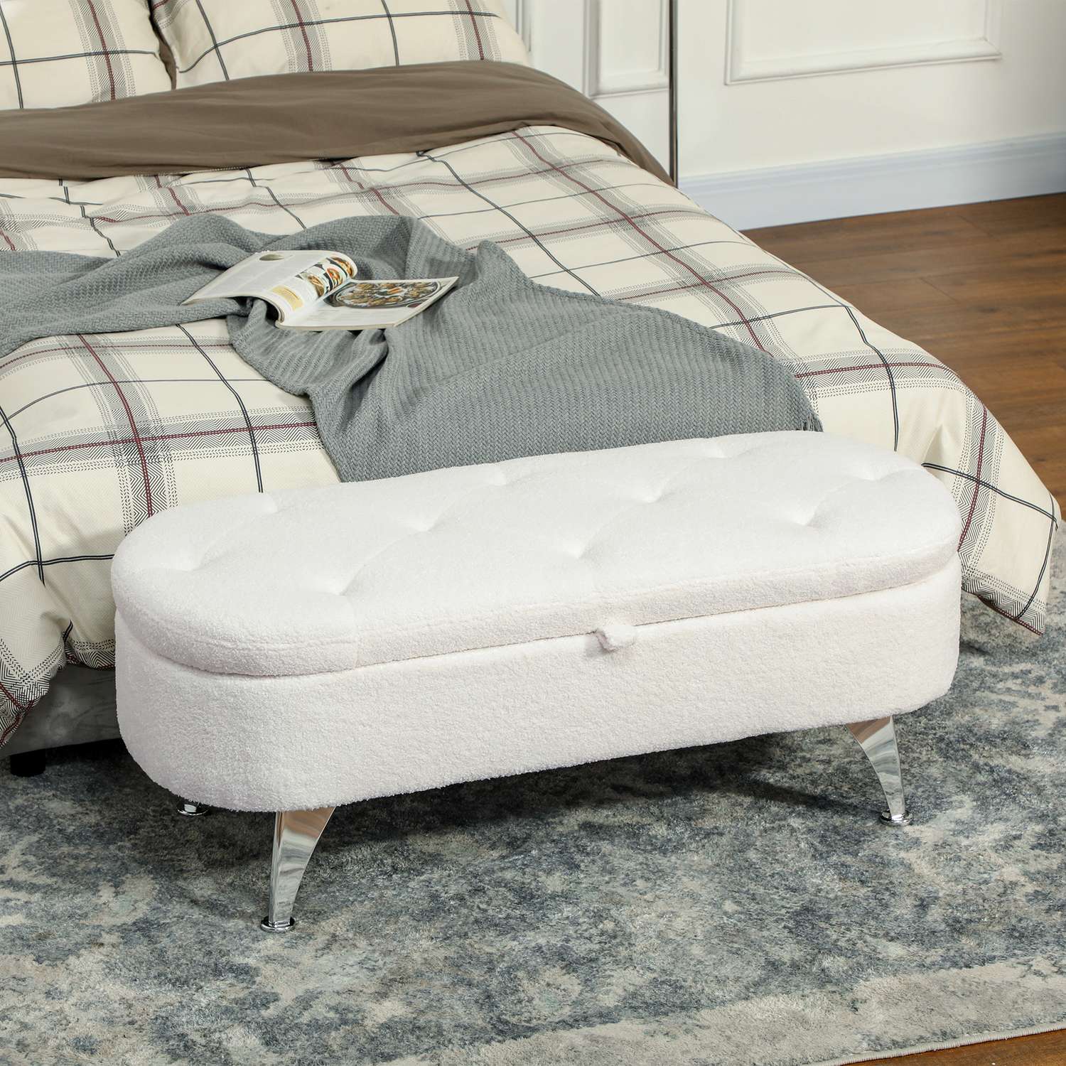 Förvaringsbänk med lock, vit sammet, metallram, 114cm