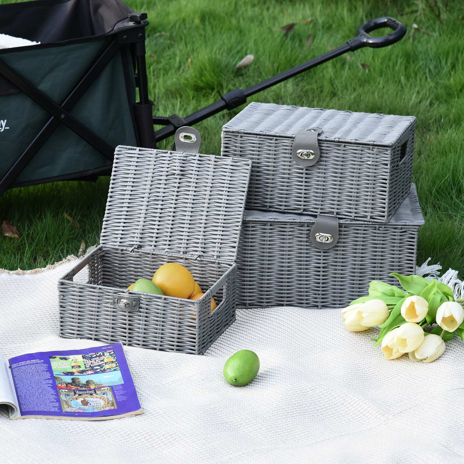 Förvaringslådor med lock, set om 3, grå – 18L, 12L, 7L