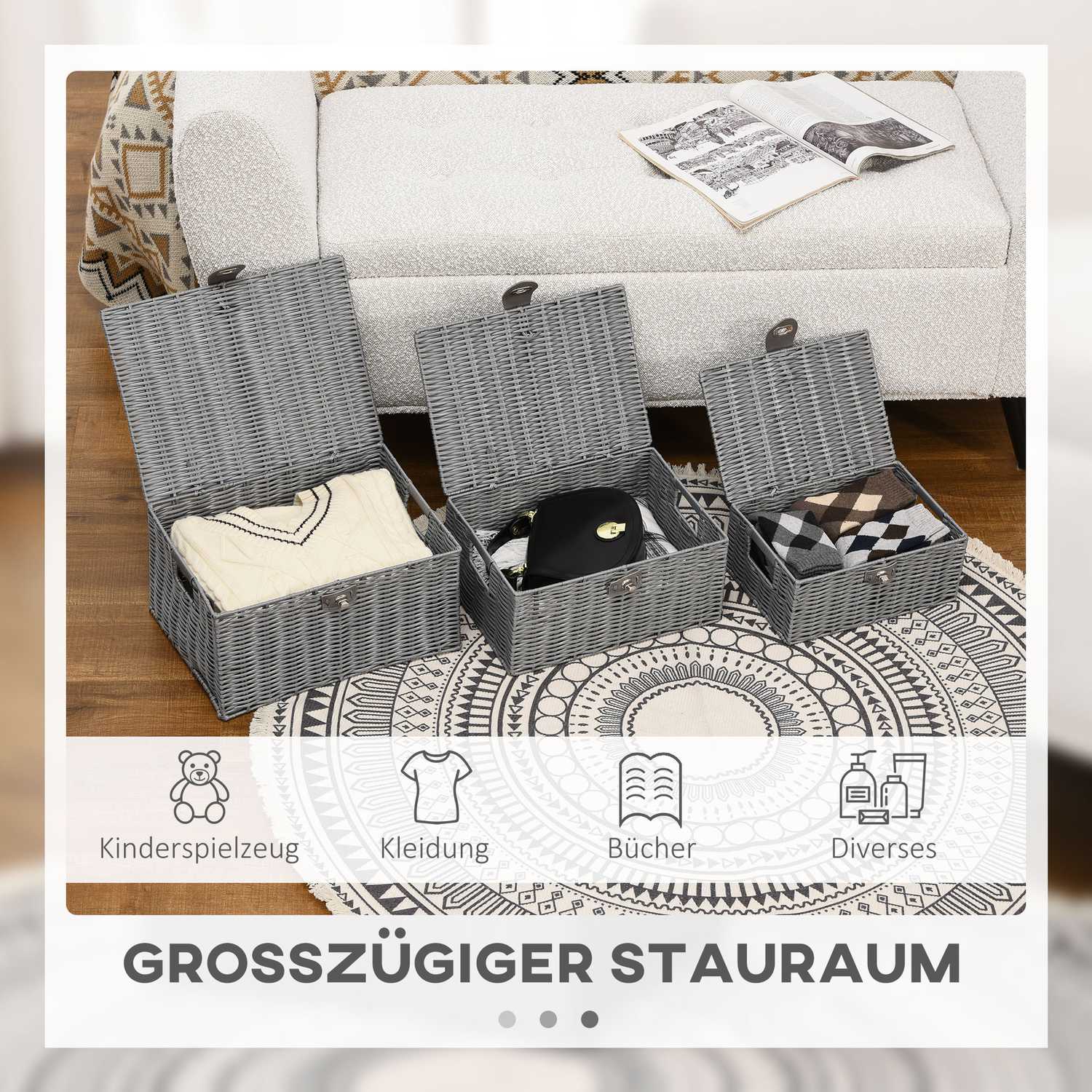 Förvaringslådor med lock, set om 3, grå – 18L, 12L, 7L