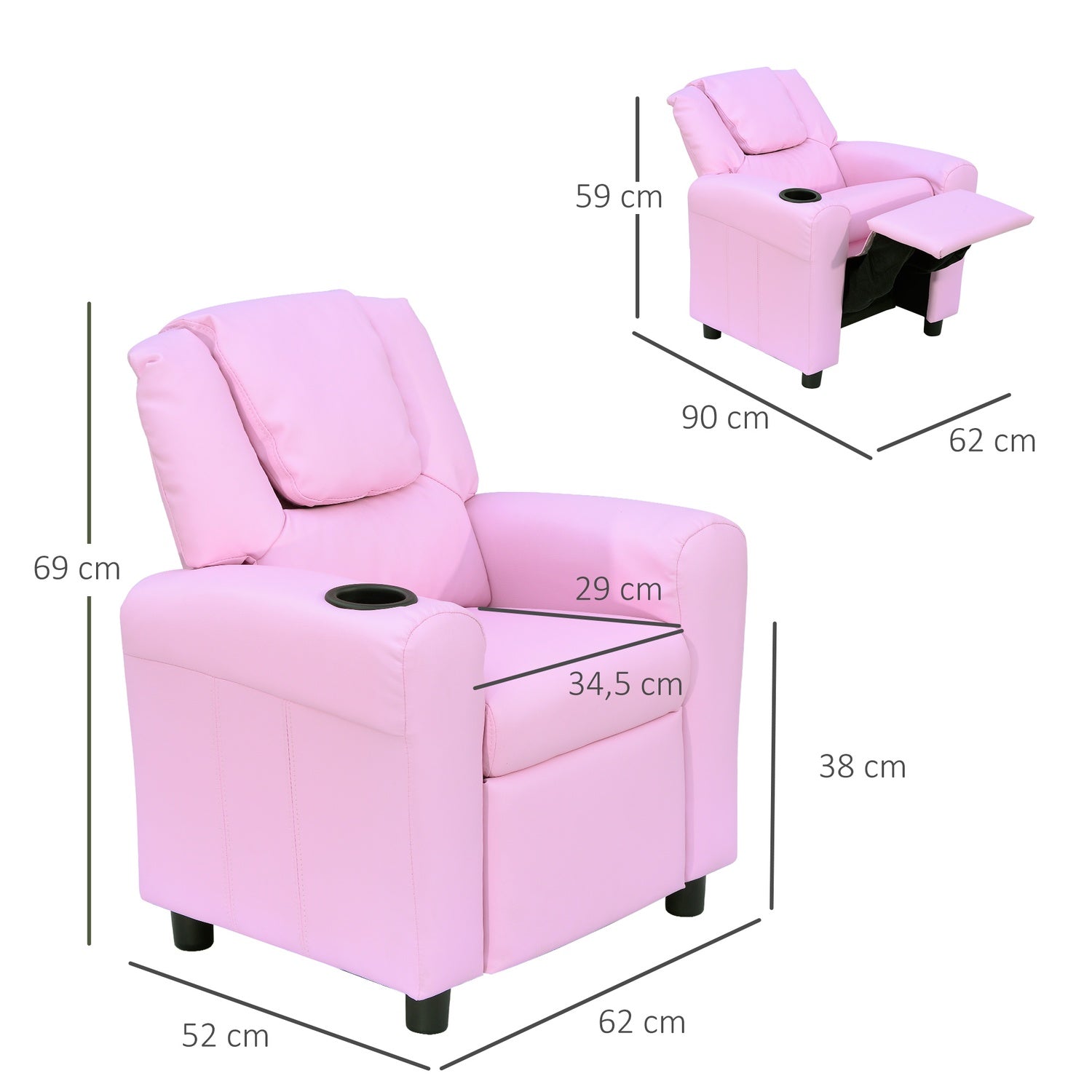 Fåtölj för barn med mugghållare, rosa fåtölj för åldrarna 3-6