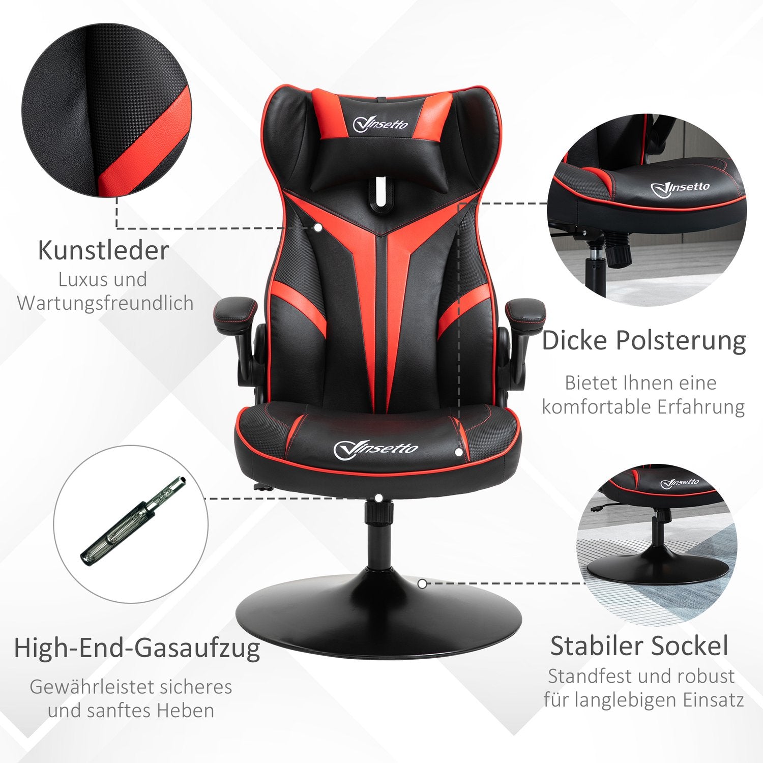 Ergonomisk spelstol med rocker, svart & rött stål