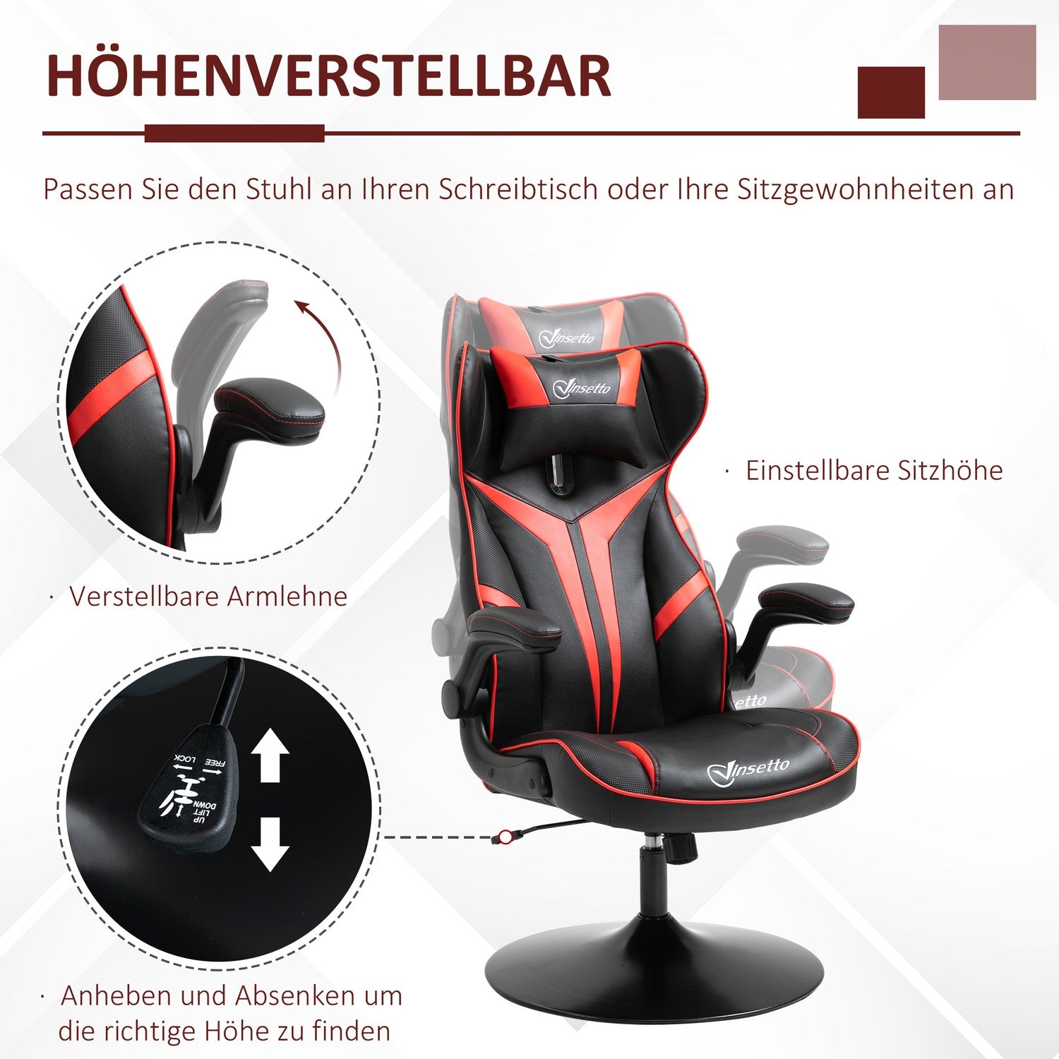 Ergonomisk spelstol med rocker, svart & rött stål