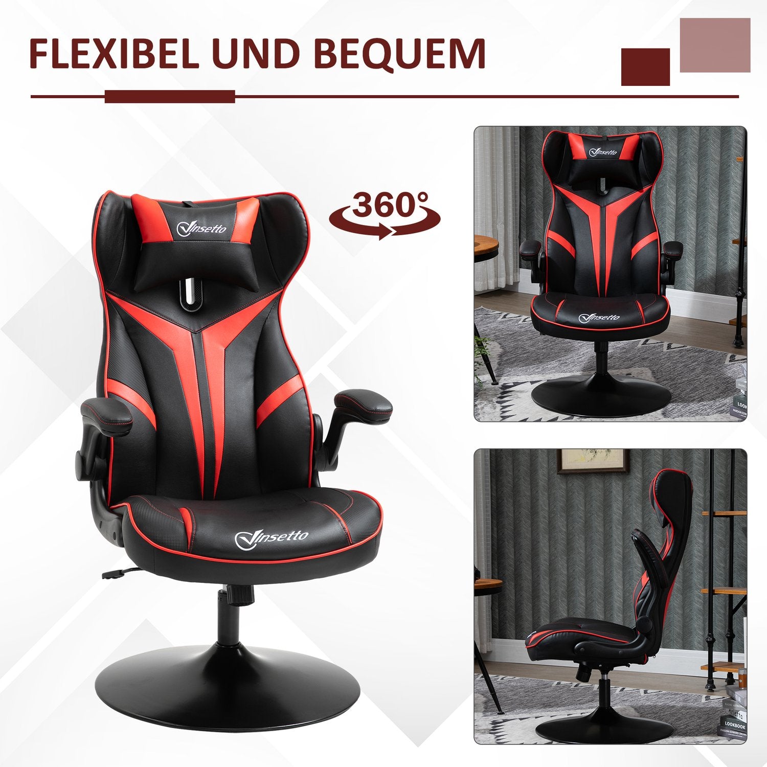 Ergonomisk spelstol med rocker, svart & rött stål