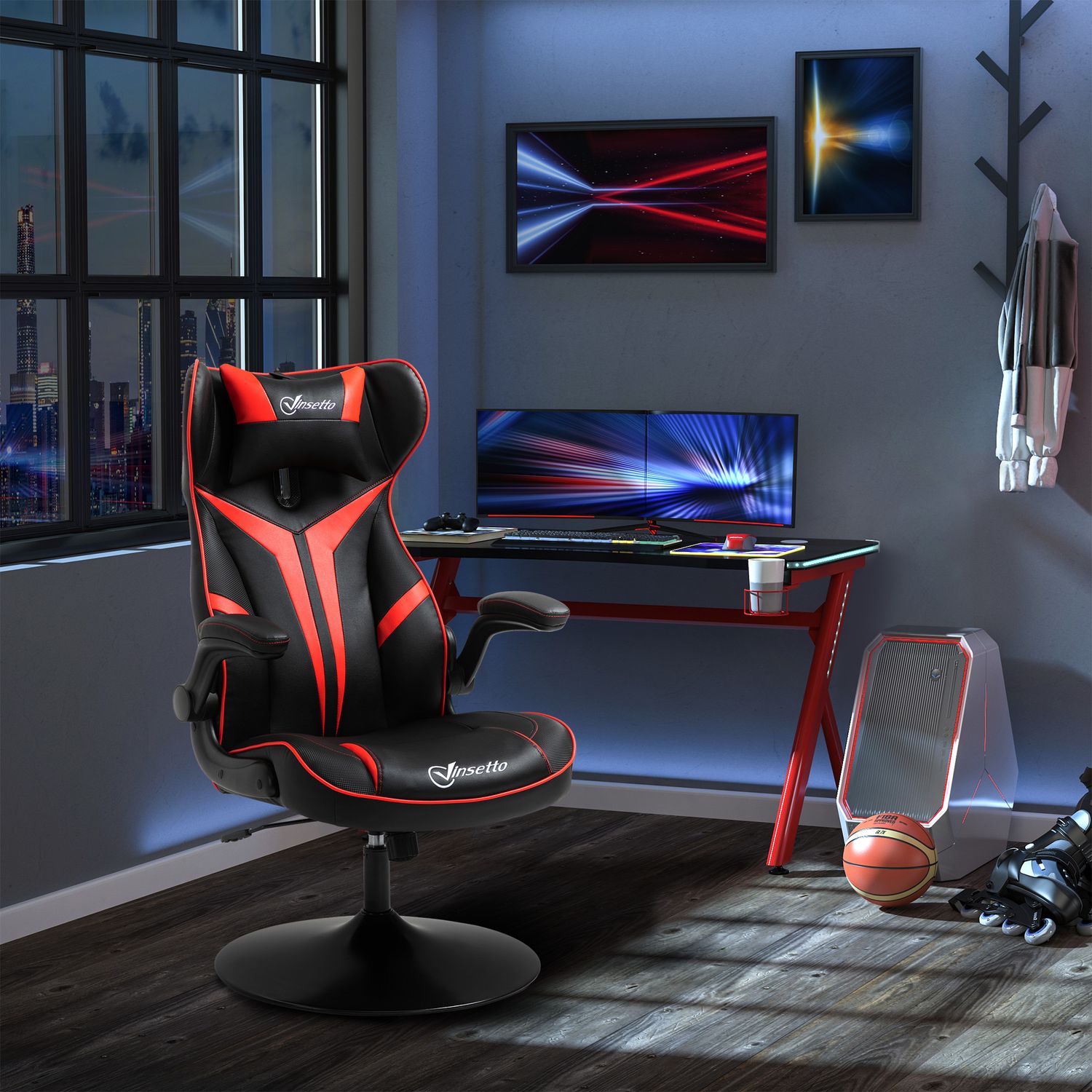 Ergonomisk spelstol med rocker, svart & rött stål