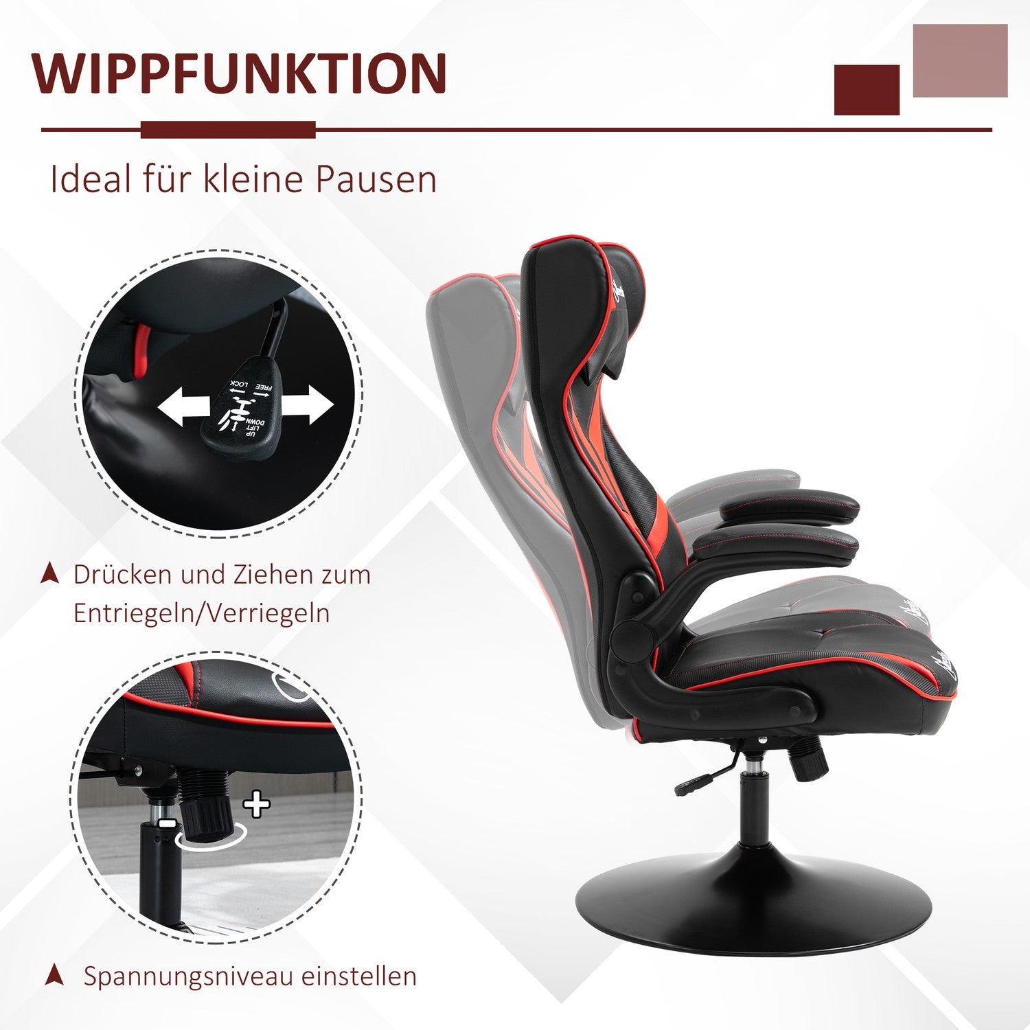 Ergonomisk spelstol med rocker, svart & rött stål