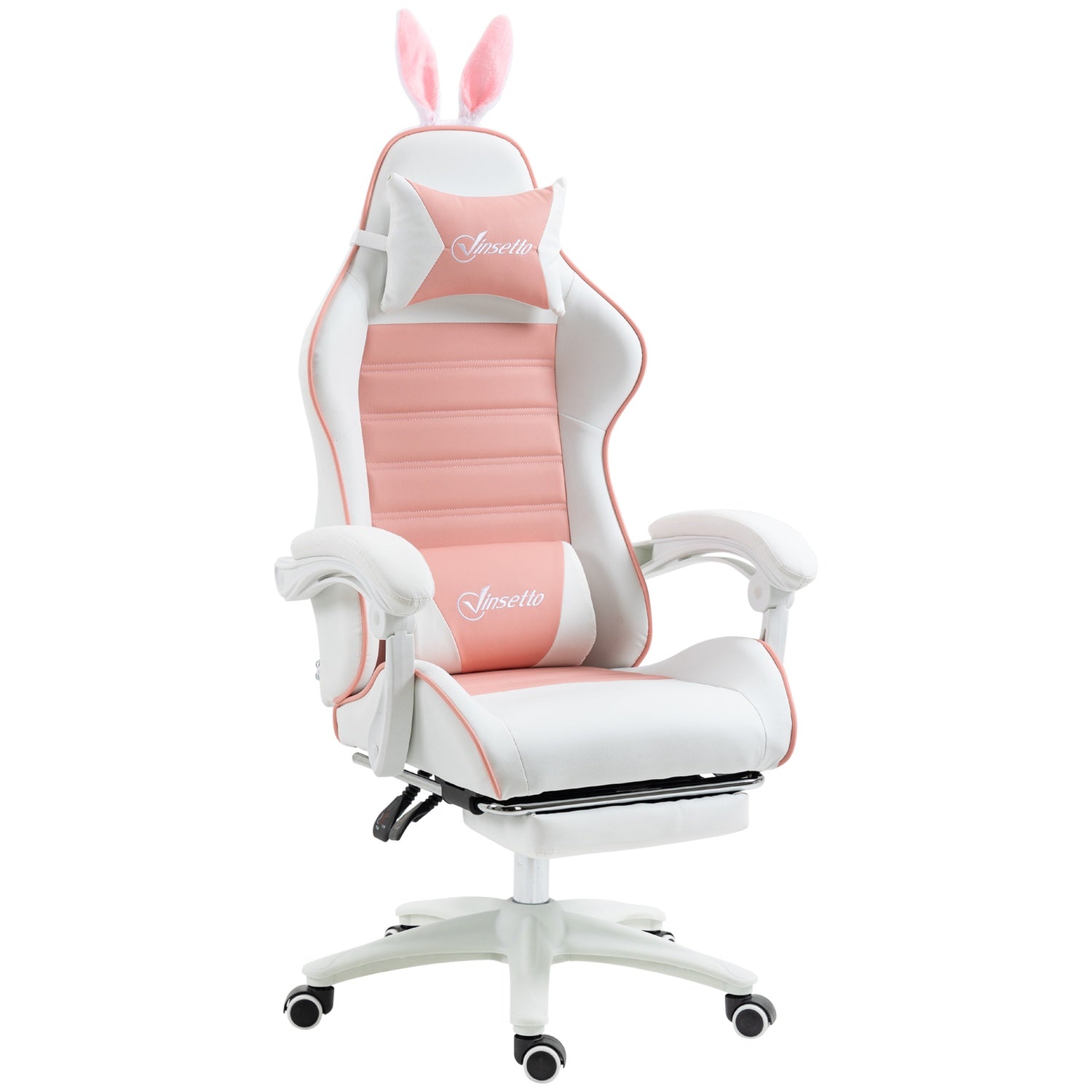 Rosa ergonomisk spelstol med svankstöd och fotstöd