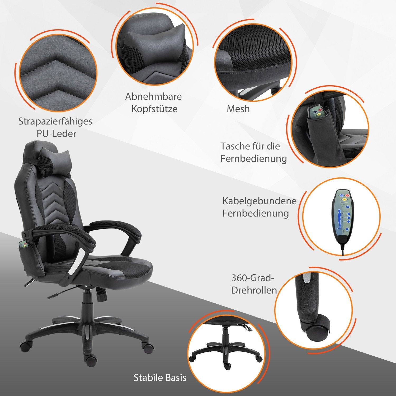 Gaming Chair Kontorsstol Med Värmefunktion 6 Vibrationspunkter Ergonomisk Snurrstol Massagestol Konstläder Svart B68 X D69 X H (108-117) Cm