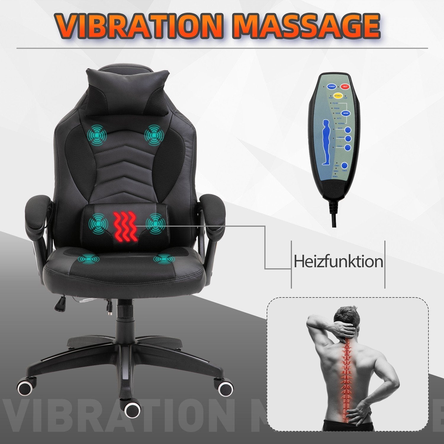 Gaming Chair Kontorsstol Med Värmefunktion 6 Vibrationspunkter Ergonomisk Snurrstol Massagestol Konstläder Svart B68 X D69 X H (108-117) Cm