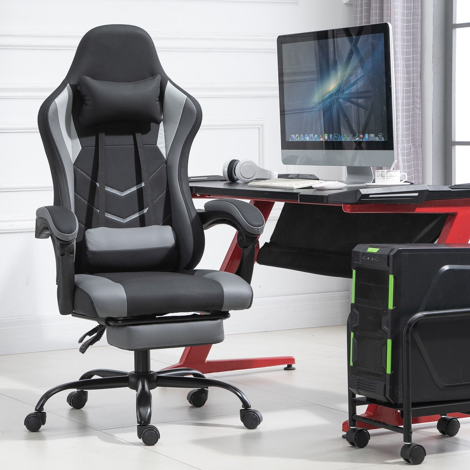 Ergonomisk spelstol, justerbart nackstöd & svankstöd