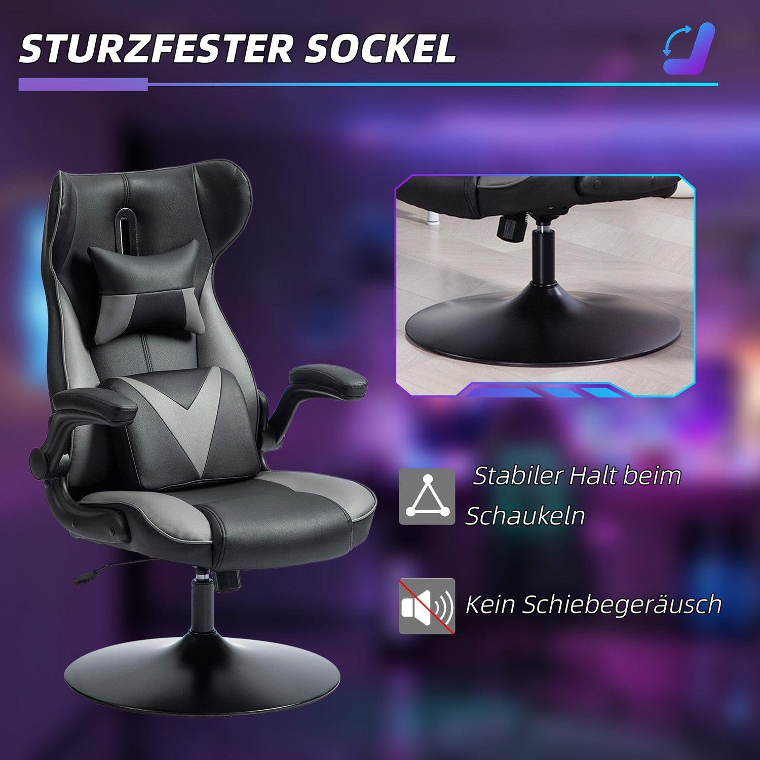 Ergonomisk spelstol med rocker & svankkudde, svart/grå