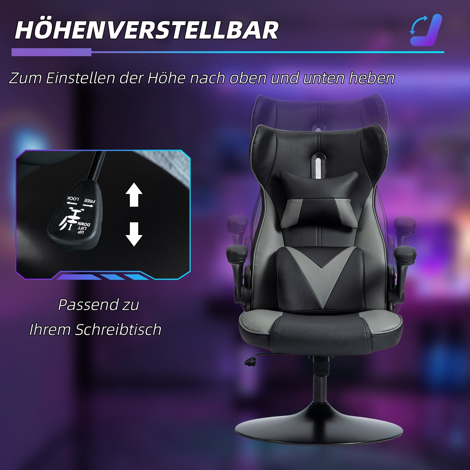 Ergonomisk spelstol med rocker & svankkudde, svart/grå