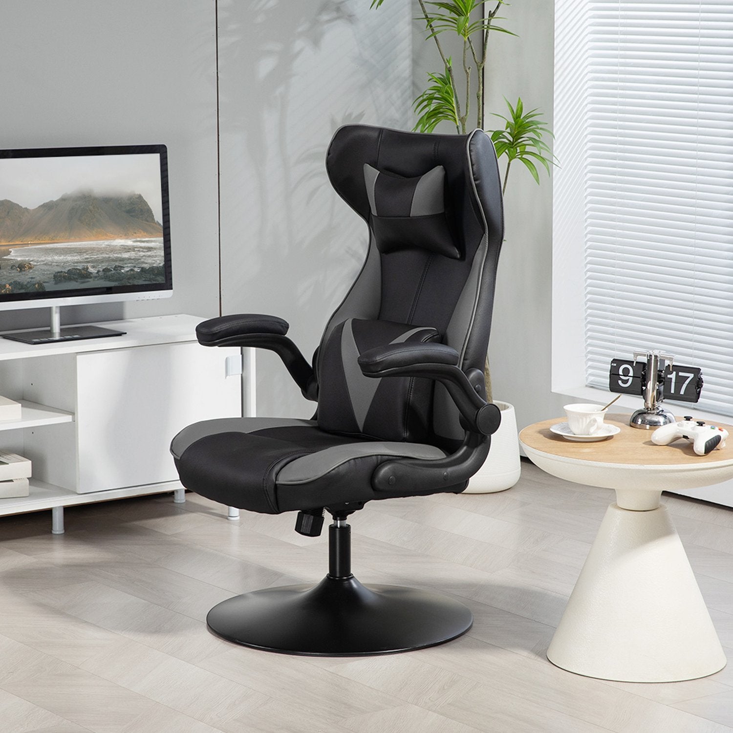 Ergonomisk spelstol med rocker & svankkudde, svart/grå