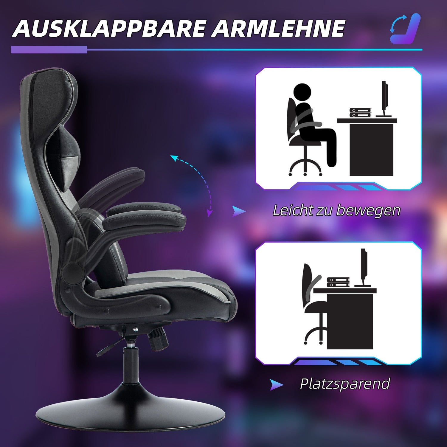 Ergonomisk spelstol med rocker & svankkudde, svart/grå