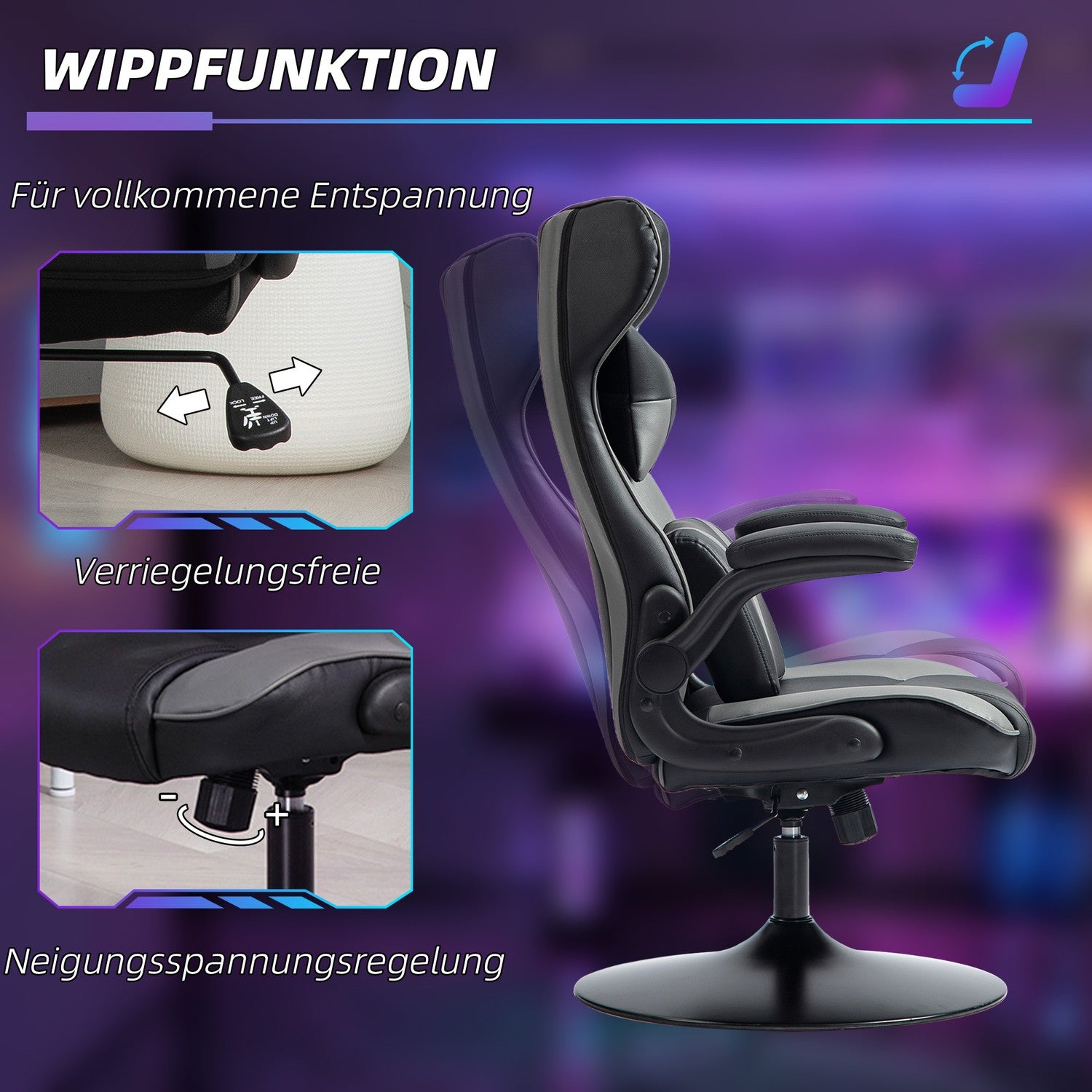 Ergonomisk spelstol med rocker & svankkudde, svart/grå