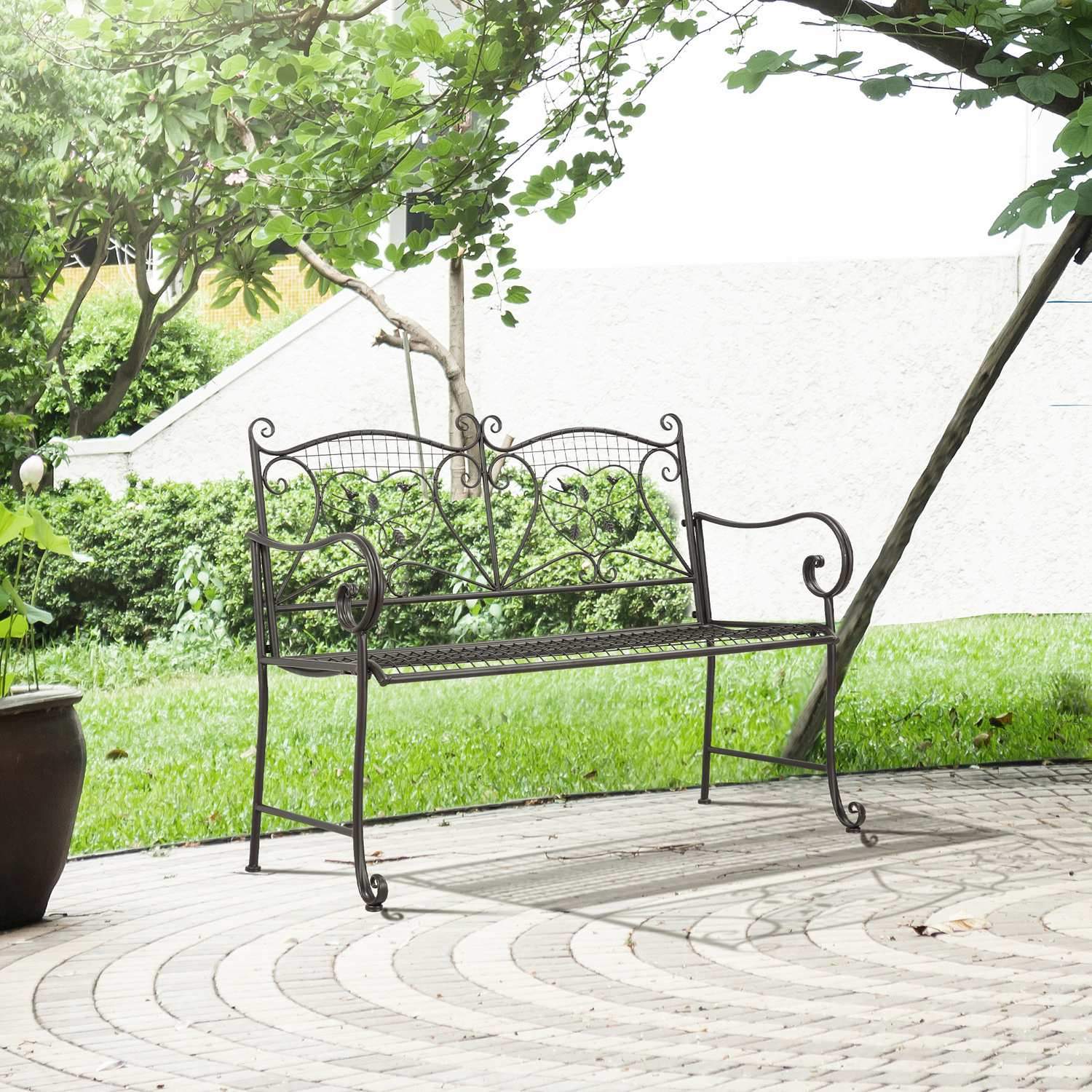 Garden Bench 2-Sits Ryggstöd Park Bench Garden Weatherproof Antique Look Metal Coffee 114 X 53,3 X 91 Cm