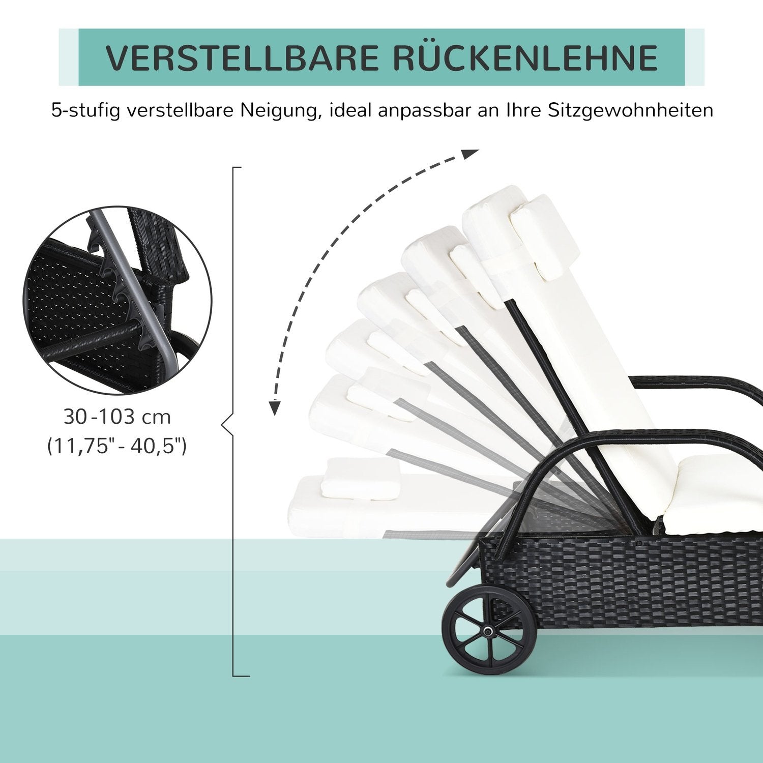 Trädgårdsmöbler Trädgårdsstol Solstol Mobil Med Dyna, Polyrattan + Metall, Svart, 200 X 73 X 30-103 Cm