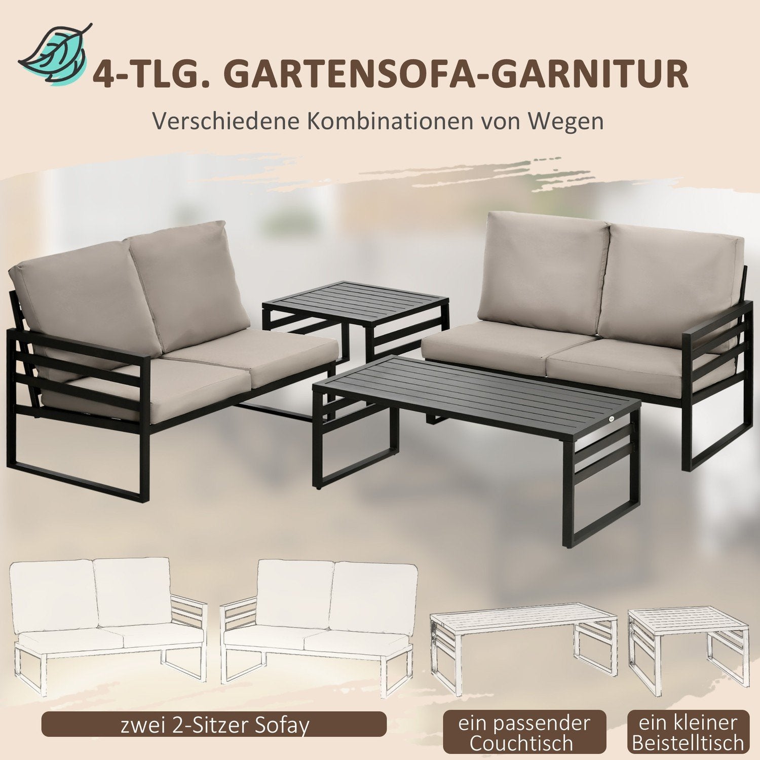 Trädgårdsmöbler Set För 4 Personer 2 Soffor 2 Bord Väderbeständig 128Cm X 79Cm X 76,5Cm Ljusgrå + Svart